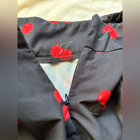 Belle Poque Cherry Print A-Line Midi Skirt w/ Tie Waist Black M— Pin-up Style - Picture 9 of 10